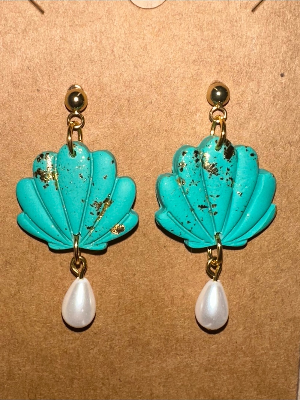 Turquoise Shell Drop Earrings with Pearl Teardrop - Gold Accents
